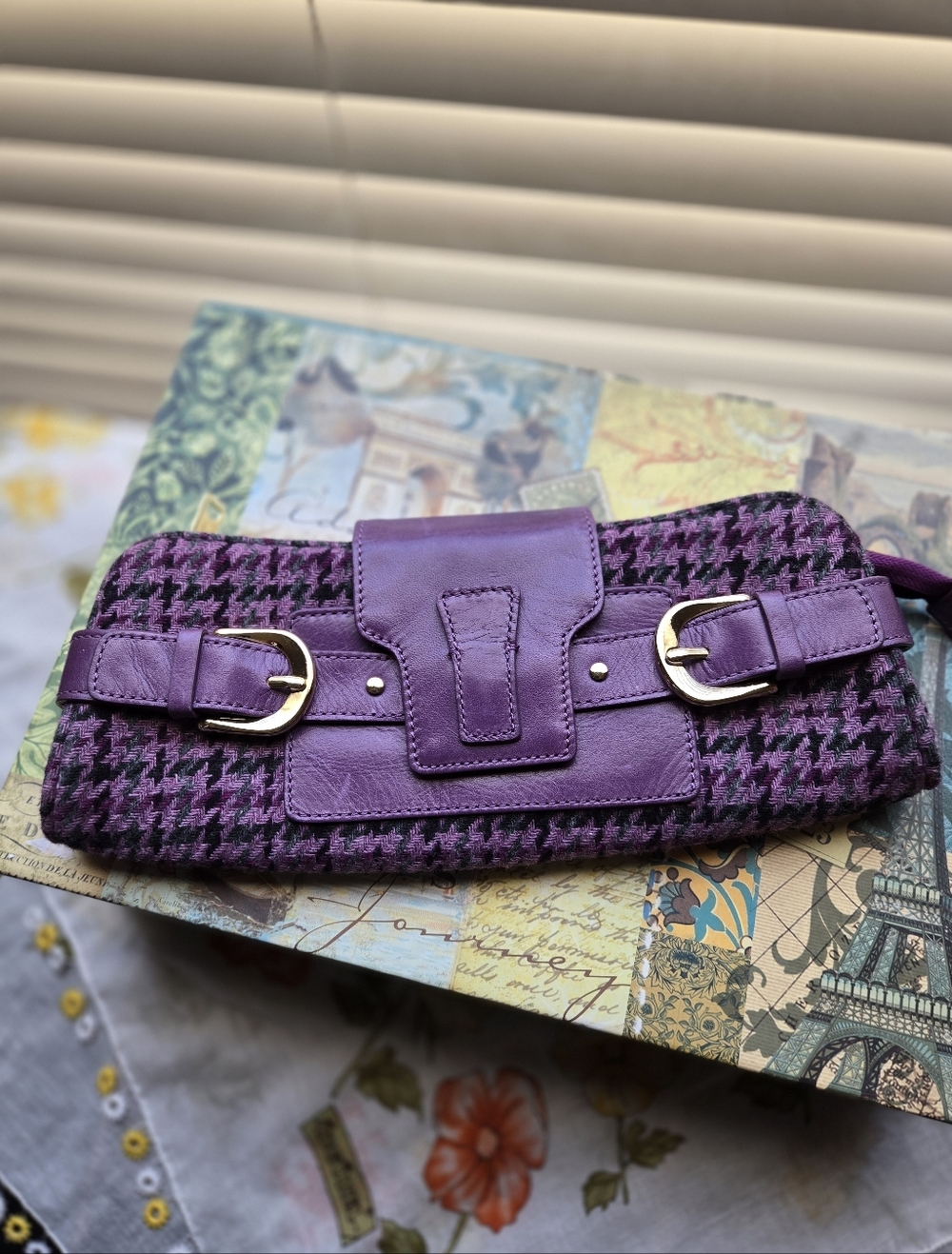 Banana Republic Purple Tweed & Leather  Clutch with Buckle Detail